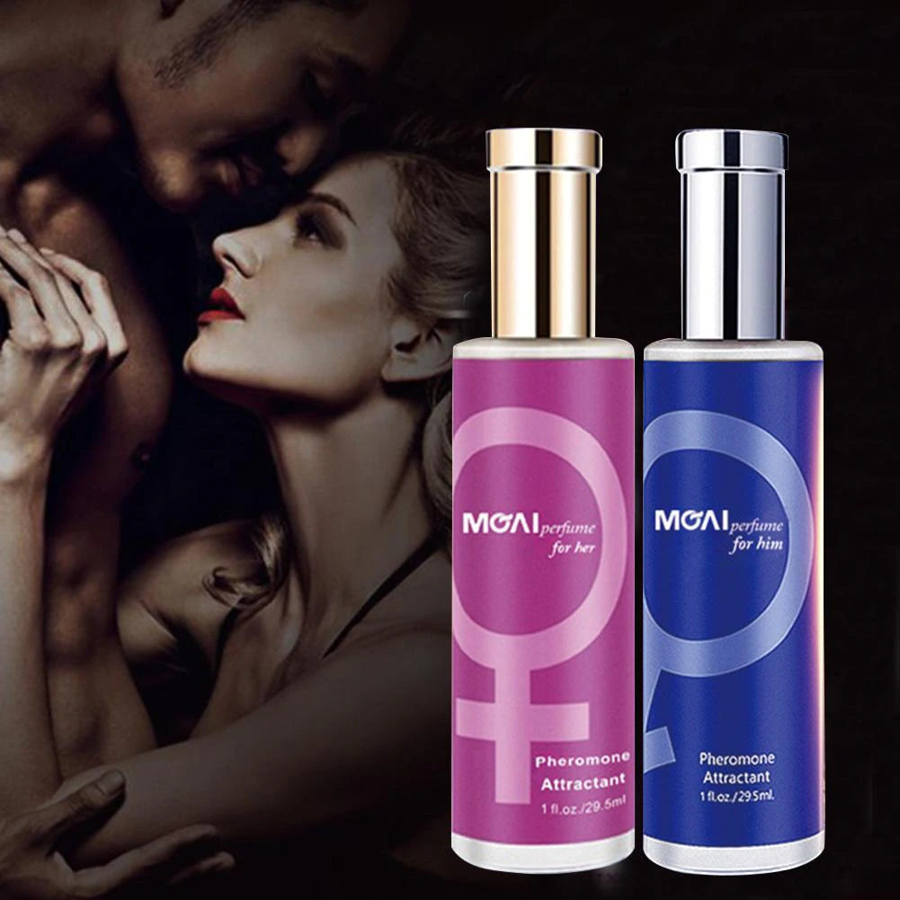 Man and woman wearing pheromone perfume. Fragrance designed to attract. Aromas for him and her. Enhance your natural appeal.