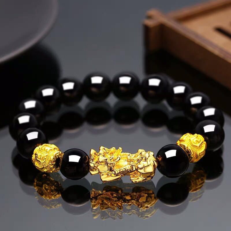 Lucky Golden Dragon || Obsidian Stone Beads Bracelet