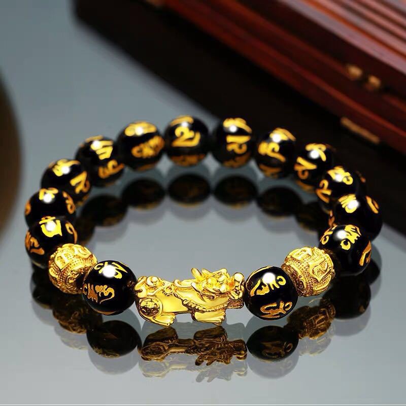 Lucky Golden Dragon || Obsidian Stone Beads Bracelet